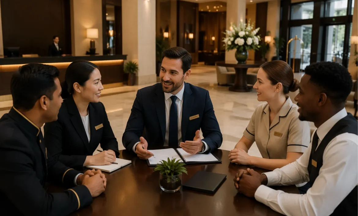 Hotel leadership team meeting about hospitality procurement strategy and purchasing visibility