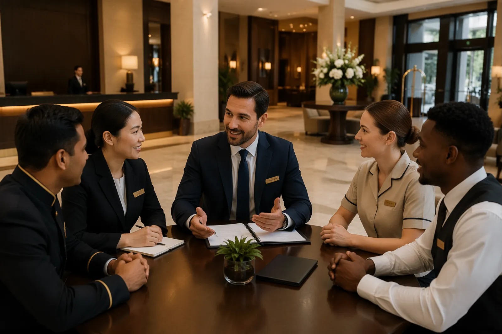 Hotel leadership team meeting about hospitality procurement strategy and purchasing visibility