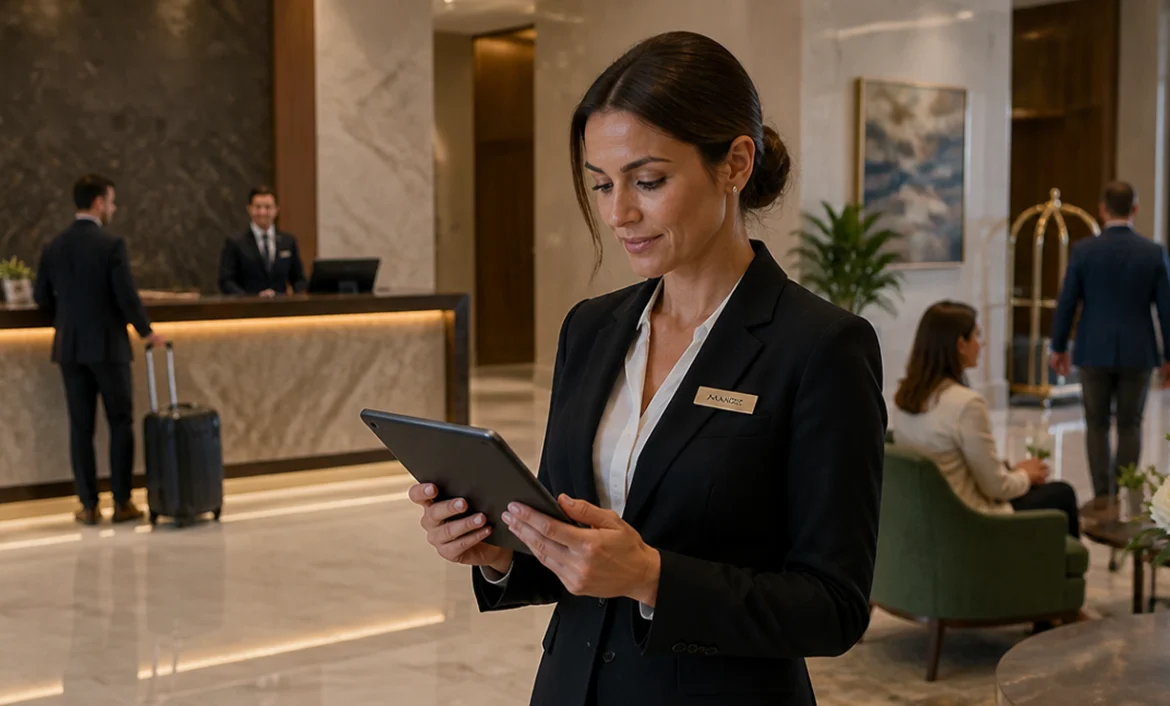 Hotel manager reviewing purchasing data on a tablet in a hotel lobby.