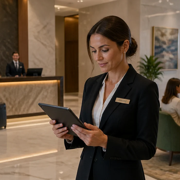 Hotel manager reviewing purchasing data on a tablet in a hotel lobby.