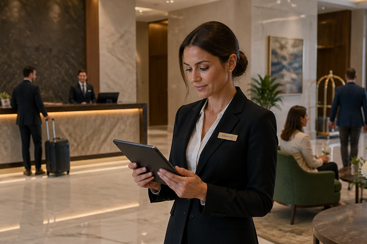 Hotel manager reviewing purchasing data on a tablet in a hotel lobby.